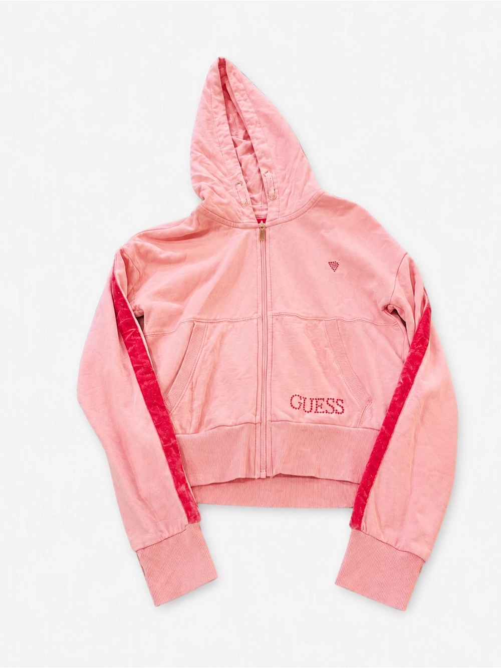GUESS Pink Hooded Velour Zip-Up Jacket with Dark Pink Stripe